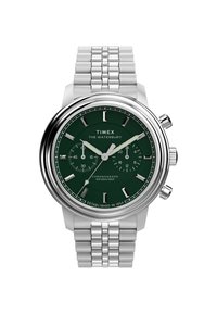Timex Waterbury Chronograph-Uhr mit grünem Zifferblatt, silbernem Edelstahlgehäuse und verlinktem Metallarmband. Wasserdicht bis zu 50 m.