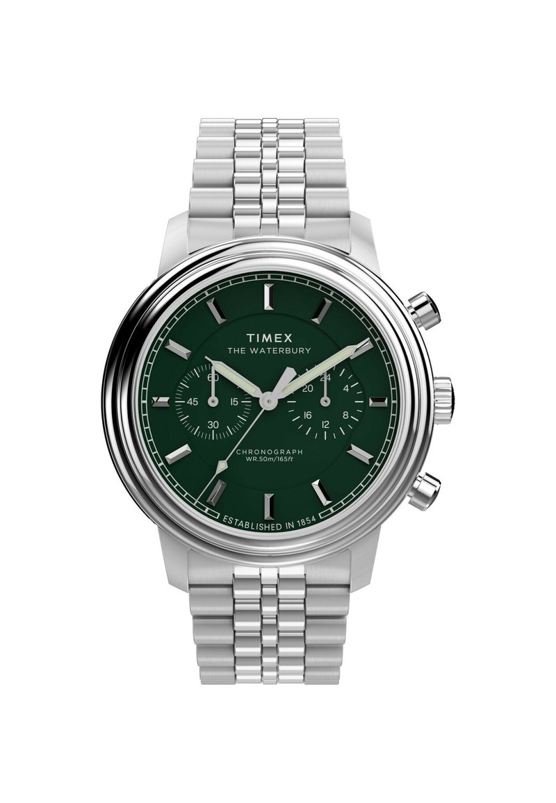 Timex Waterbury Chronograph-Uhr mit grünem Zifferblatt, silbernem Edelstahlgehäuse und verlinktem Metallarmband. Wasserdicht bis zu 50 m.