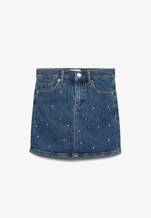 Minigonna di denim blu con tasche frontali, passanti per cintura, chiusura con bottone e piccoli borchietti argentati sparsi come decorazione.