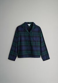 Checkered button-up shirt in dark green and navy. Features long sleeves, a notched collar, and a single chest pocket. Made of cotton fabric.