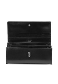Black leather wallet with a smooth finish, featuring multiple card slots and compartments, secured by two metal snaps.