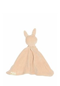 Soft, beige fabric comforter with a bunny-shaped head and two ears, featuring a smooth texture and a small branded tag at the base.