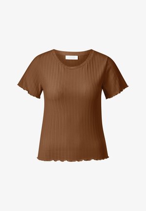 Braunes, geripptes Kurzarmoberteil mit rundem Ausschnitt und wellenförmigen Details anärmeln und am unteren Saum.