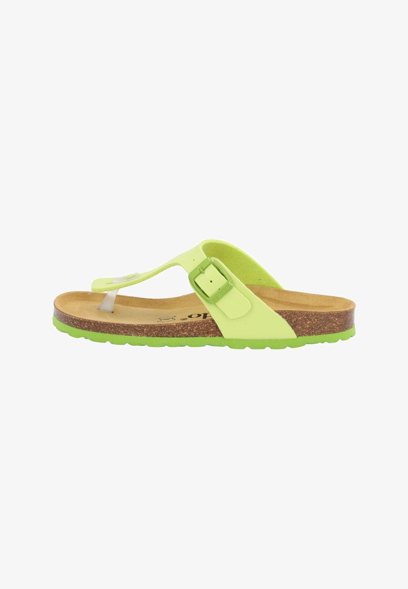 Grøn flip-flop sandal med en glat rem, justerbar spænde og en korksål. Har en tekstureret bund for greb og komfort.