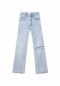 Svetle modré široké džíny z denimu, s vyšisovaným kolenem a třepenými okraji. Klasický design s pěti kapsami a zapínáním na zip.