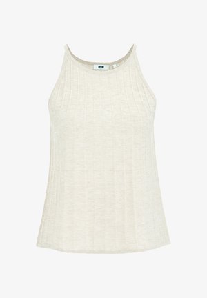 Gaiši bēšs ribots topiņš, kas izgatavots no mīksta auduma. Tam ir augsts kakla izmērs un plānas siksnas. Gluda struktūra, plūdīga silueta.