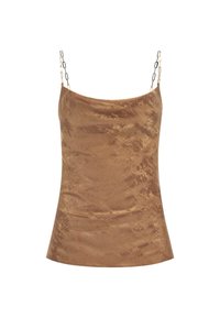 Hnědá saténová tílko s měkkou strukturou, vybavené řetízkovými ramínky a mírně rozšířeným lemem pro pohodlné nošení.