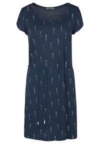 Granatowa sukienka z krótkim rękawem, w biały kwiatowy wzór, z dekoltem w serek, z paskiem ściąganym w talii i miękką fakturą materiału.