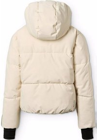 Beige pufferjakke med en aftagelig hætte, quiltet design, elastisk nederdel og sorte ærmeaccenter. Blød, glat tekstur.