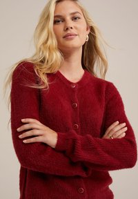 Sarkans teksturēts kardigāns ar V-veida kaklu, garām piedurknēm un pogu aizdari, kas rotāta ar apaļām sarkanām pogām. Mīksta, pūkaina auduma.