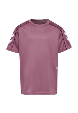 T-shirt de sport à manches courtes en violet clair avec un tissu texturé, des panneaux d'épaule contrastants en violet foncé et un logo blanc sur le devant.