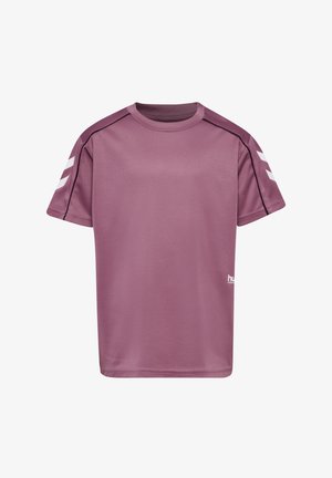 Koszulka sportowa z krótkim rękawem w jasnofioletowym kolorze, z teksturowanym materiałem, kontrastującymi ciemnofioletowymi panelami na ramionach oraz białym logo z przodu.