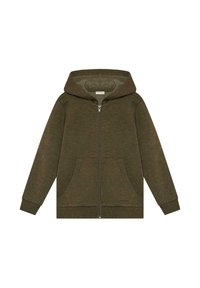 Maslinasto zeleni zip-up dukserica s prednjim džepovima, rebrastim manžetama i donjim rubom, te kapuljačom, položena ravno na bijeloj pozadini.