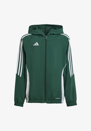 Grüne leichte Jacke mit weißen Akzenten, ausgestattet mit einem Reißverschluss, Kapuze, elastischen Bündchen und drei vertikalen Streifen auf jeder Schulter.