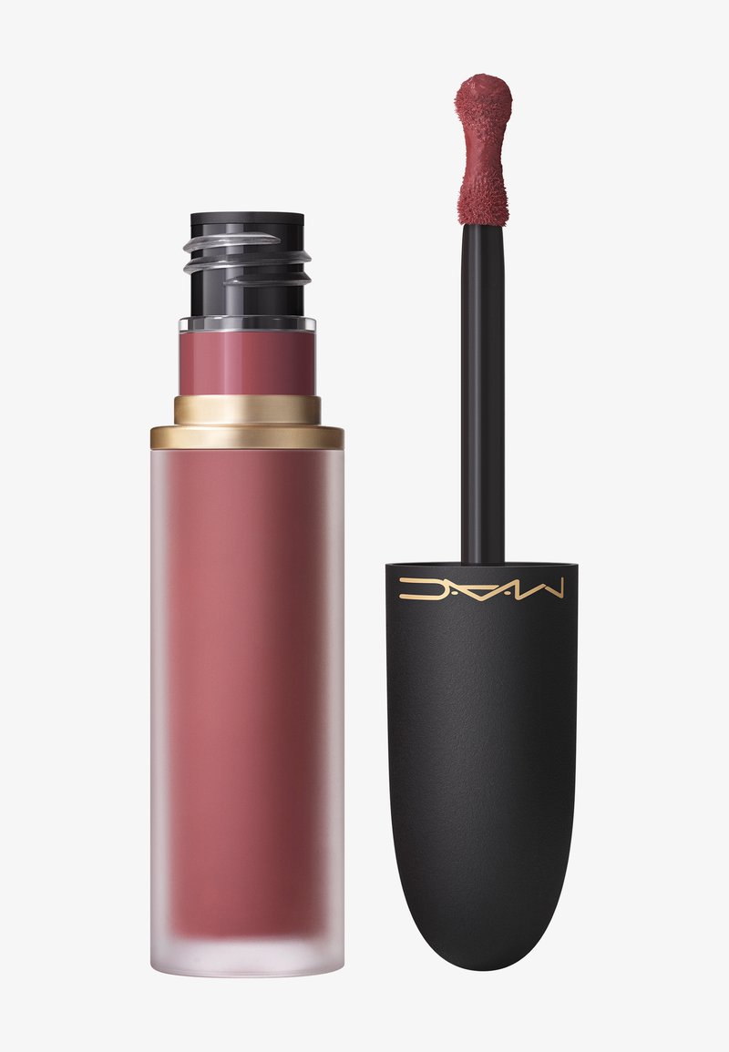 Rouge à lèvres liquide dans un tube transparent avec un applicateur noir mat. Pinceau à embout rond, texture douce, et teinte rose poudrée. Accents dorés.