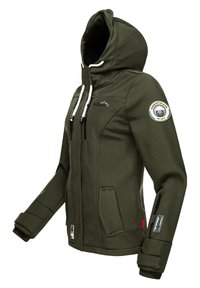 Olive green softshell jacket with a hood, zippered pockets, adjustable drawstrings, and logo patch on the sleeve. Features ribbed cuffs.
