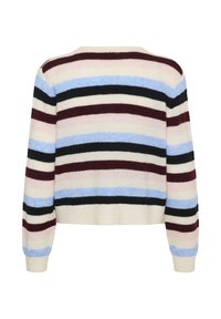 Sweter z długim rękawem, dziany, w poziome paski w kolorach kremowym, burgundowym, czarnym, różowym i jasnoniebieskim, widok z tyłu.