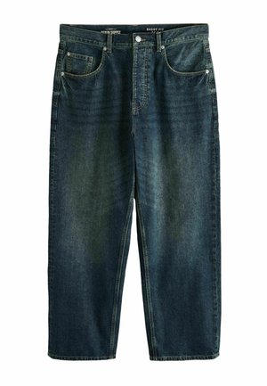 Tmavomodré voľné rifle s prednými vreckami, pútkami na opasok, zapínaním na gombík a vyblednutými detailmi na nohaviciach.