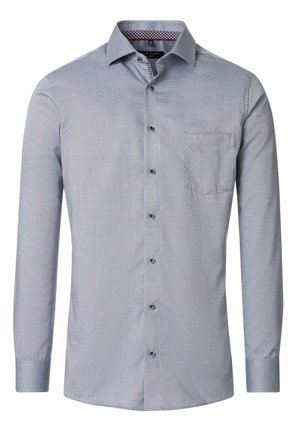 Long-sleeve, button-up shirt in blue and white checkered pattern. Features a single chest pocket and contrasting inner collar details.