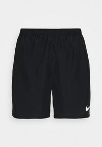 Musta urheilushortsit, joissa on joustava vyötärö, valmistettu sileästä kankaasta. Vasemmassa alareunassa on valkoinen Nike-logo. Ei taskuja.