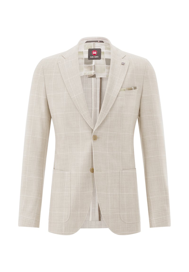 Helles beige Blazer mit einem dezenten Karomuster, zwei Knöpfen und zwei vorderen Taschen. Das Innenfutter hat ein gestreiftes Design.