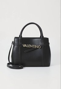 Melns ādas rokassomiņa ar strukturētu formu, zelta "VALENTINO" logotipu, divām rokturām un noņemamu plecu siksnu. Gluda virsma.
