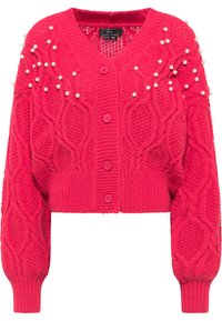 Cardigan tricotat roz aprins, cu un design scurt, având modele texturate cu cabluri și embellishments cu perle pe umeri. Cinci nasturi.