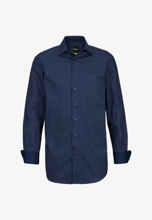 Camicia a maniche lunghe blu navy con piccoli pois bianchi, chiusura a bottoni e polsini a contrasto. Presenta una tasca sul petto e un orlo curvo.