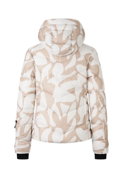 Pudret jakke med hætte, hvidt og beige abstrakt mønster, quiltet design, elastiske ærmekanter og snor ved hætten for en justerbar pasform.