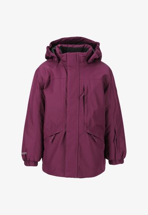 Purple waterproof jacket with a hood, featuring a front zipper, two side pockets, and elastic cuffs for a snug fit. Smooth texture.