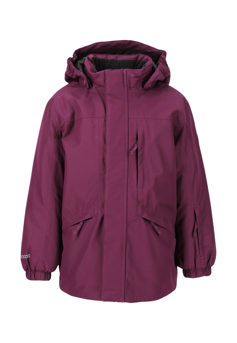 Lilla vandtæt jakke med hætte, der har en frontlynlås, to sidelommer og elastiske manchetter for en tætsiddende pasform. Glat tekstur.