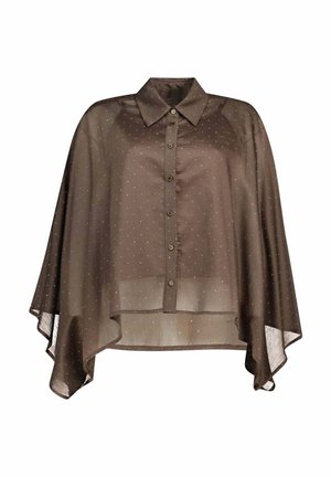 Camicia marrone trasparente con bottoni, collo classico e piccoli pois bianchi, con ampie maniche a mantella fluide.