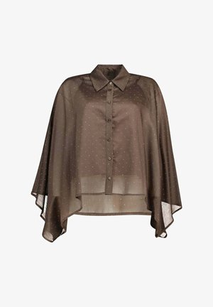 Bruine doorschijnende blouse met knopen, een klassieke kraag en kleine witte stippen, met brede, vloeiende cape-mouwen.