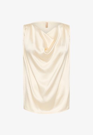 Varrukateta kreemjas satiinist pluus drapeeritud loorika kaelusega ja kõverdatud äärega, valmistatud siledast, läikivast kangast.