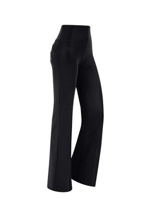 Pantaloni neri a gamba larga realizzati in tessuto elastico, con vita alta, due tasche laterali e cuciture piatte per una finitura liscia.