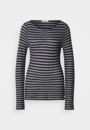 Long-sleeve striped top in dark gray and lighter gray. Features a round neckline and a fitted cut. Made of soft, lightweight fabric.