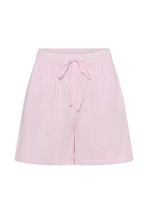 Shorts rose pâle à cordon de serrage avec taille élastique, coupe ample, longueur au-dessus du genou, présentés sur un fond blanc uni.