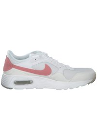 Zapatilla deportiva blanca con acentos rosas, que cuenta con una parte superior de cuero y malla, puntera redonda, frente con cordones y una unidad de amortiguación de aire visible.