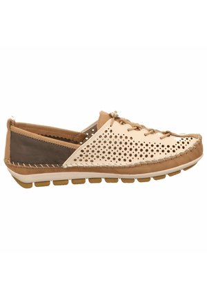 Lightweight slip-on shoes in beige and brown leather. Features perforated upper, soft lining, and multi-textured design with rubber sole.