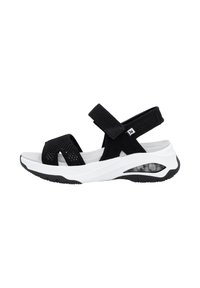 Sandales en maille noires avec des sangles réglables, semelle intermédiaire blanche avec accents transparents et semelle extérieure en caoutchouc texturé noir.