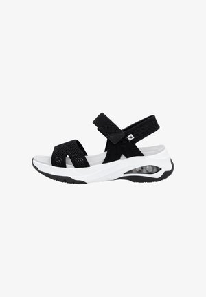 Black mesh sandals with adjustable straps, white midsole featuring transparent accent, and textured black rubber outsole.
