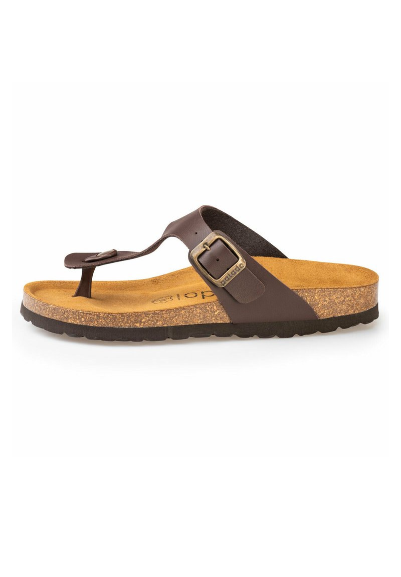 Brown leather flip-flop sandal with adjustable buckle, cork footbed, textured rubber sole, and minimalist design.