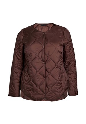Braune gesteppte Langarmjacke mit rundem Ausschnitt und Druckknopfverschluss, mit wellenförmigem Steppmuster an Vorderseite und Ärmeln.