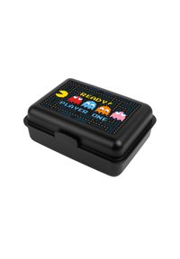 Lunch box nera con un design grafico di Pac-Man e fantasmi, accompagnato dalla scritta "PRONTO! GIOCATORE UNO" in colori vivaci. Forma rettangolare con una chiusura.