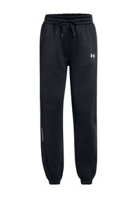 Pantalones jogger negros de Under Armour con cintura ajustable mediante cordón, bolsillos laterales, puños elásticos y logotipos blancos en el muslo y en la parte baja de la pierna.