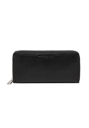 Portefeuille en cuir noir avec fermeture éclair et logo en relief à l'avant. Texture lisse et forme rectangulaire slim. Accent en matériel argenté.