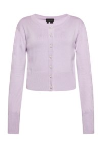 Cardigan cropped lilla con maniche lunghe, caratterizzato da un colletto rotondo e sei bottoni decorativi sul davanti. Tessuto morbido a maglia e polsini a costine.