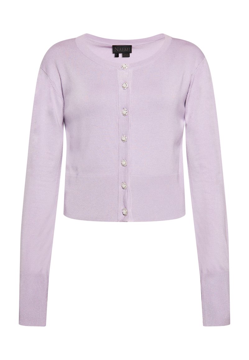 Cardigan cropped lilla con maniche lunghe, caratterizzato da un colletto rotondo e sei bottoni decorativi sul davanti. Tessuto morbido a maglia e polsini a costine.