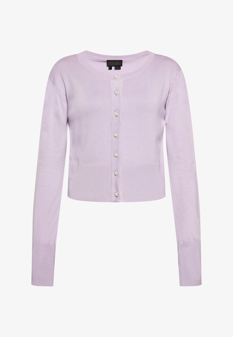 Lila cropped kardigán hosszú ujjakkal, kerek nyakkivágással és hat díszgombbal az elején. Puha kötött anyag és bordázott mandzsetták.