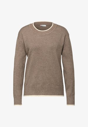 Brązowy sweter z dzianiny z okrągłym dekoltem i kremowym prążkowanym wykończeniem przy kołnierzu oraz mankietach. Długie rękawy i luźny krój.